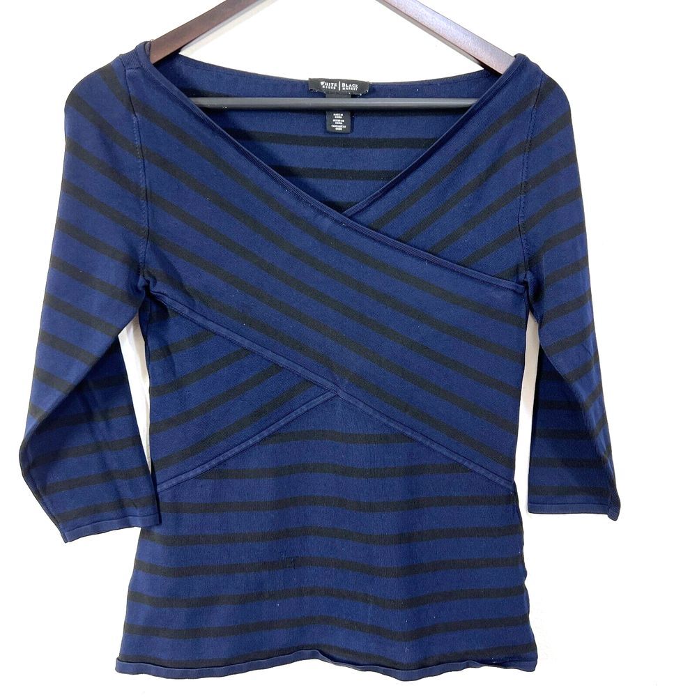 WHBM Shirt Womens XS Navy Blue Striped 3/4 Sleeve Knit Crossover Peplum Y2K